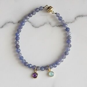 💎 Tanzanite & Gemstone Beaded Bracelet with Double Charms 💎